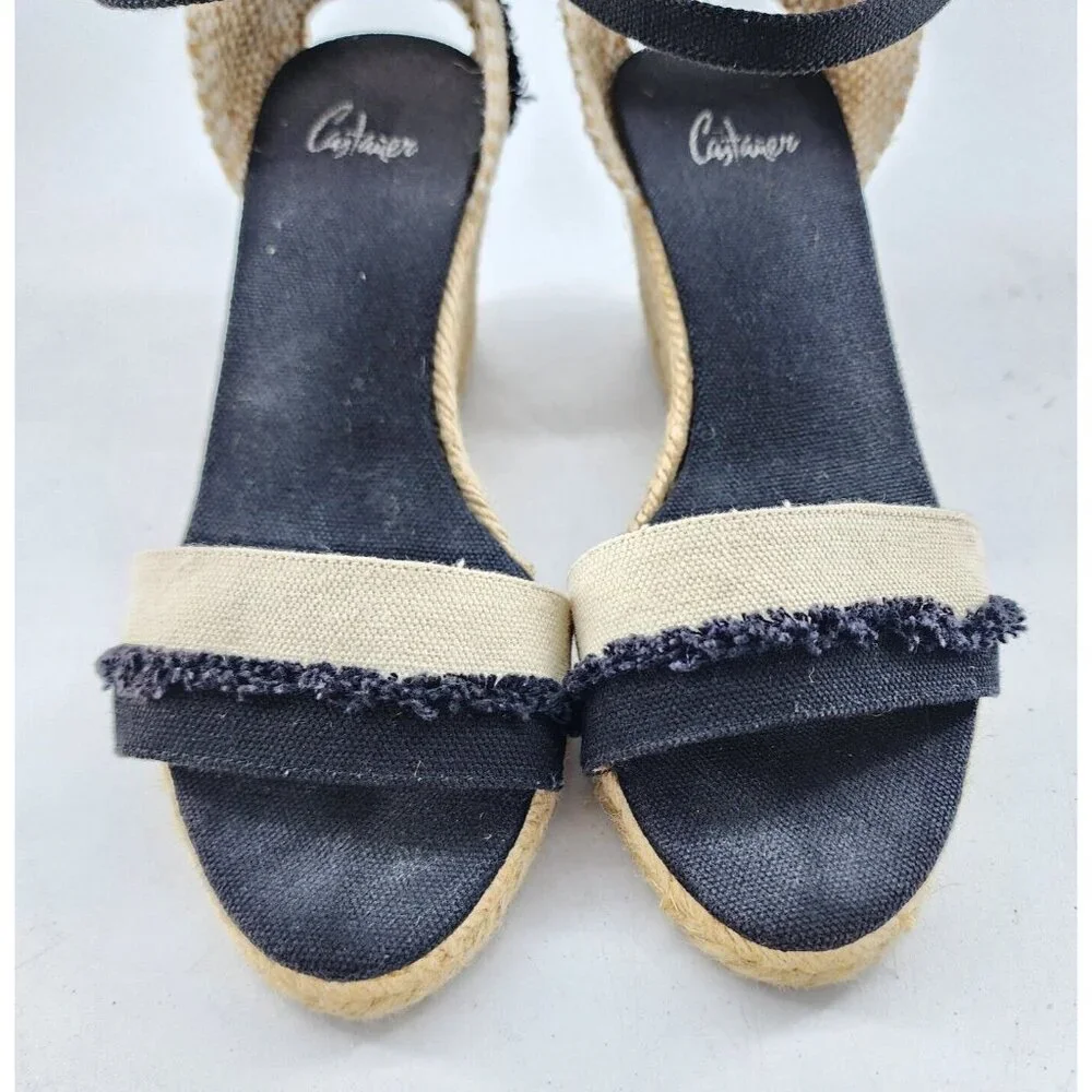 CASTANER Open Toe Ankle Strap Wedge Sandals Espadrille‎ Shoes Black/Beige Size 6
